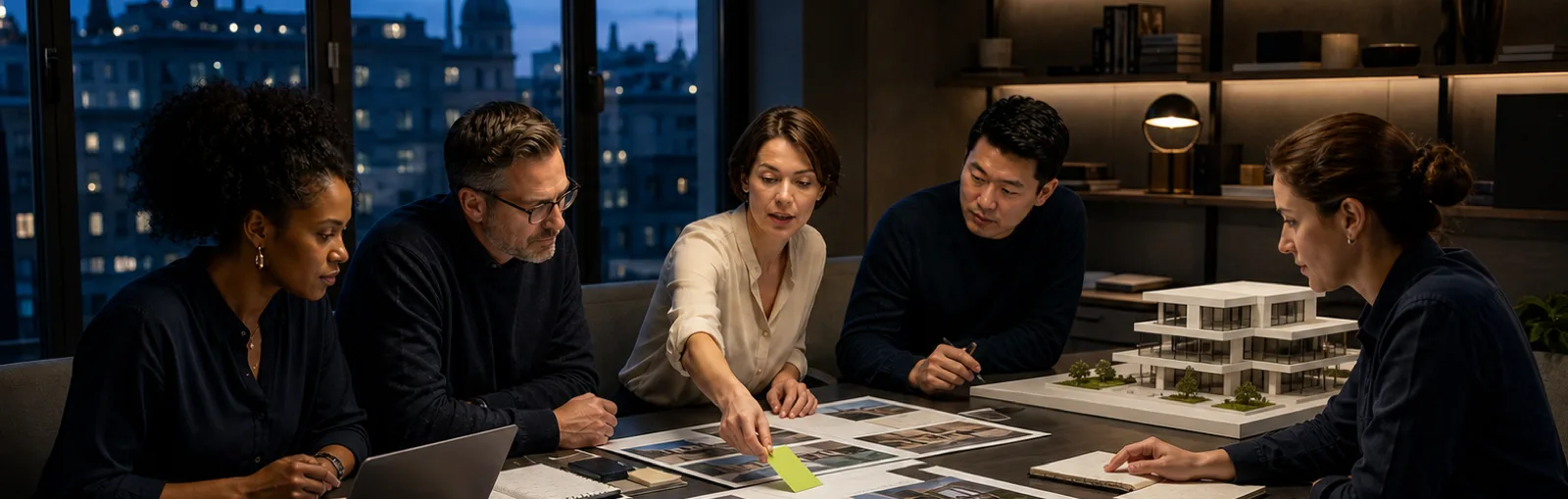 Five colleagues review a shared project while one team member places a decision card into the working plan.